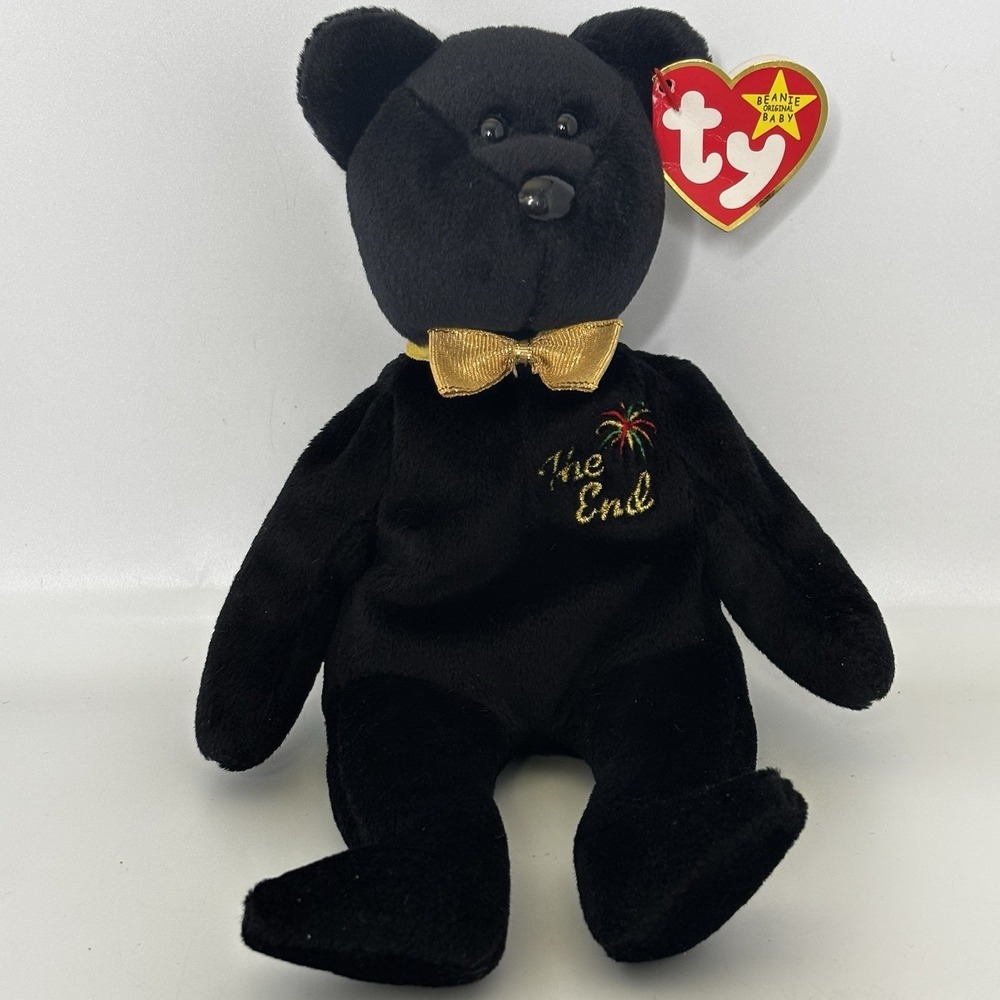 Vintage‎ Ty Beanie Baby 'The End' 1999 Y2K Millennium Teddy Bear Black- Errors